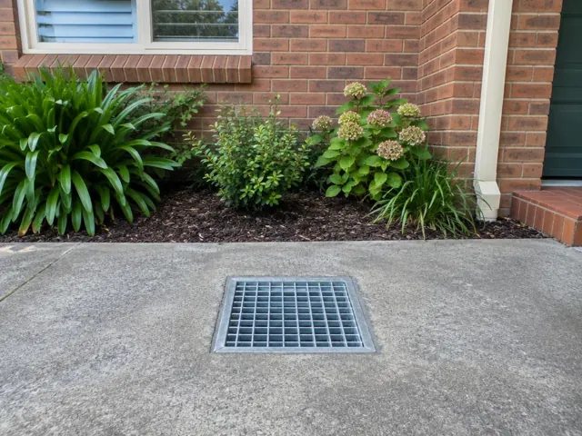 Concrete driveway with a square stormwater grate beside a brick house and garden in Hornsby